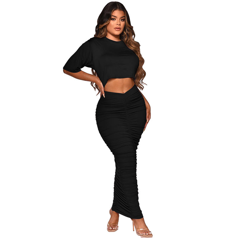 Dame tæt siddende sæt med cropped top og skinnende maxi-nederdel Stilla