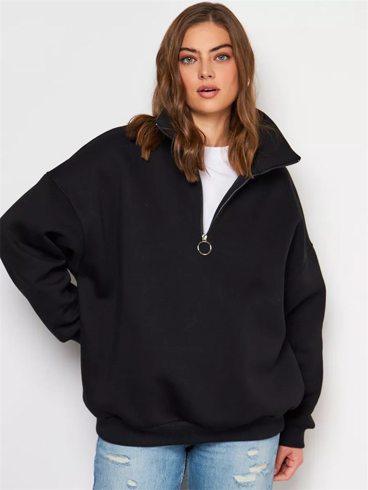 Dame Oversized Sweatshirt med Høj Krave og Lynlås Skovae