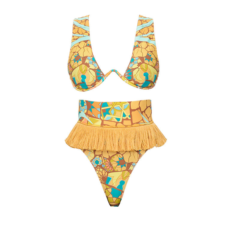 Dame Bikini-sæt med frynset kant og kreativt mønster Skovae