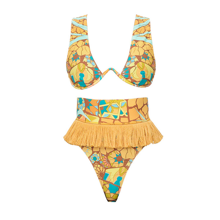 Dame Bikini-sæt med frynset kant og kreativt mønster Skovae