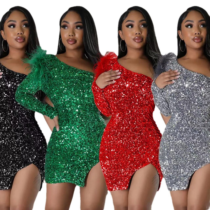 Dame Glamourøs Paillet Mini Kjole med asymmetrisk Snit og elegant Detalje Stilla