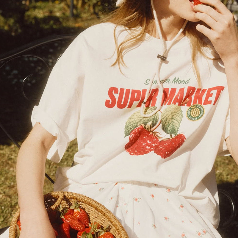 Dame T-Shirt med glad frugt-print og afslappet snit Stilla