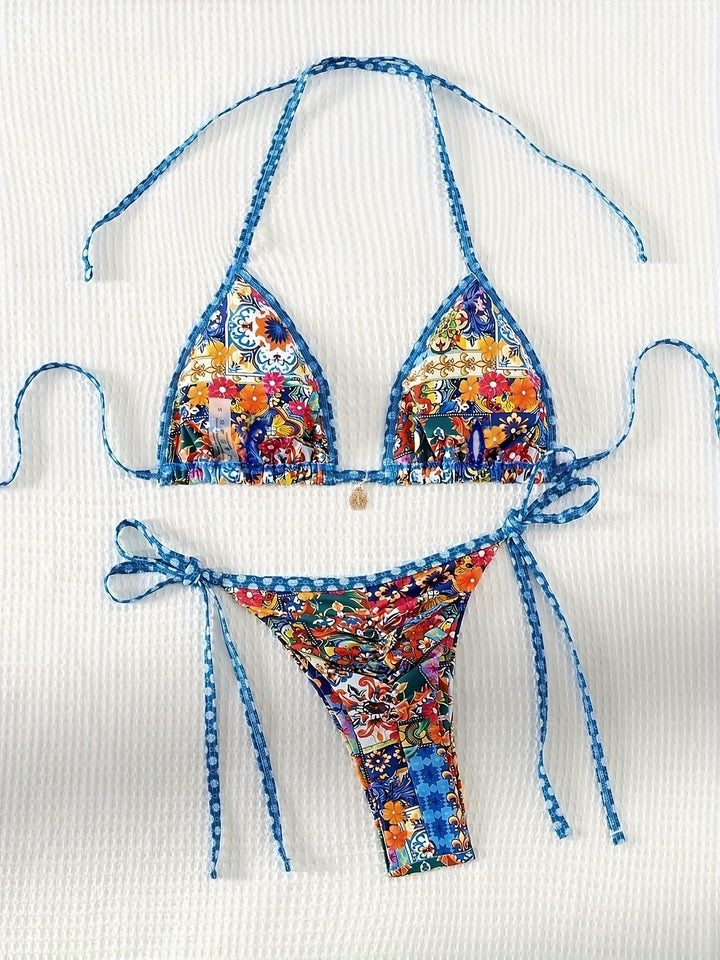 Femme Halsbånd Floral Print Bikini Sæt Stilla