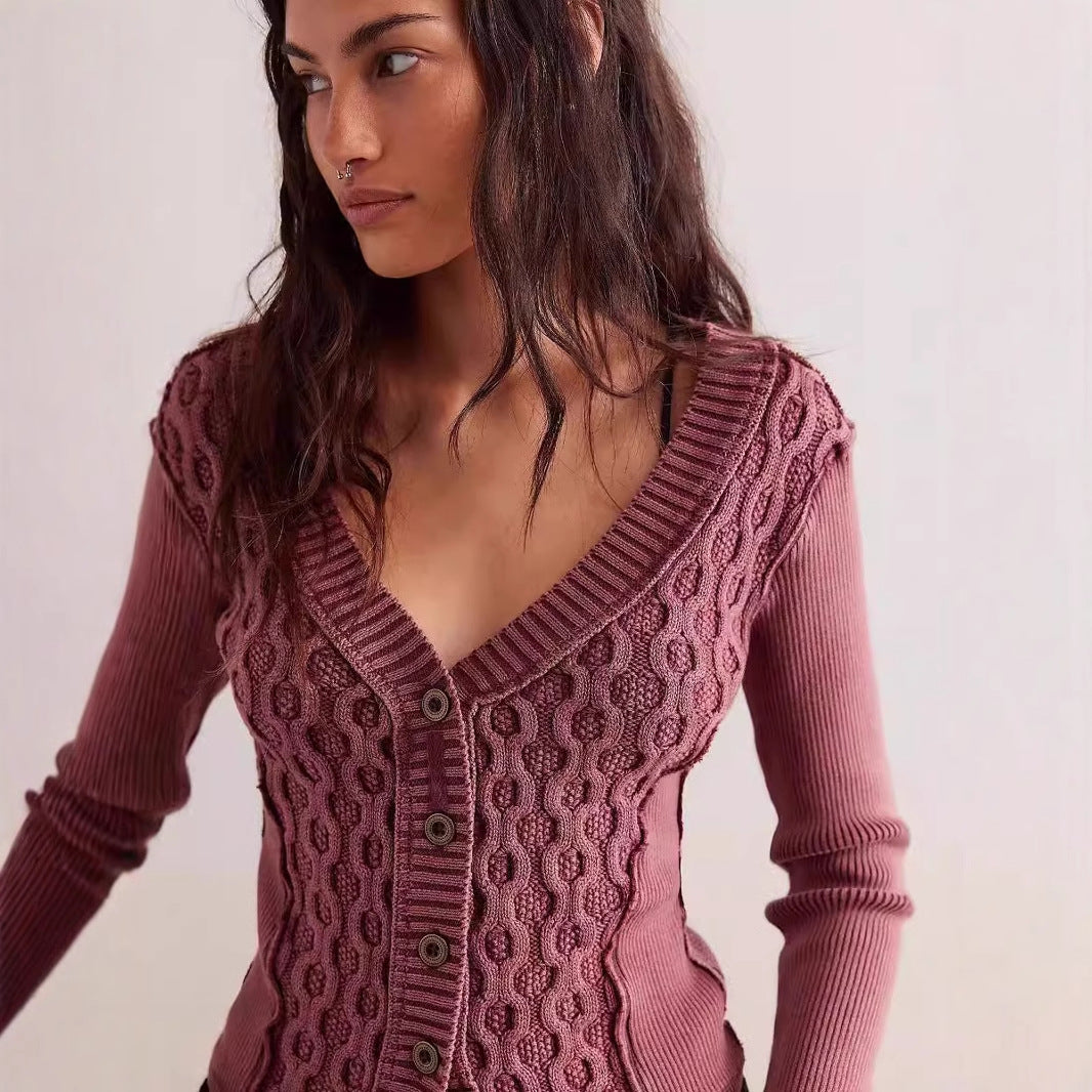 Dame strikcardigan med struktureret mønster og elegante knapper Stilla