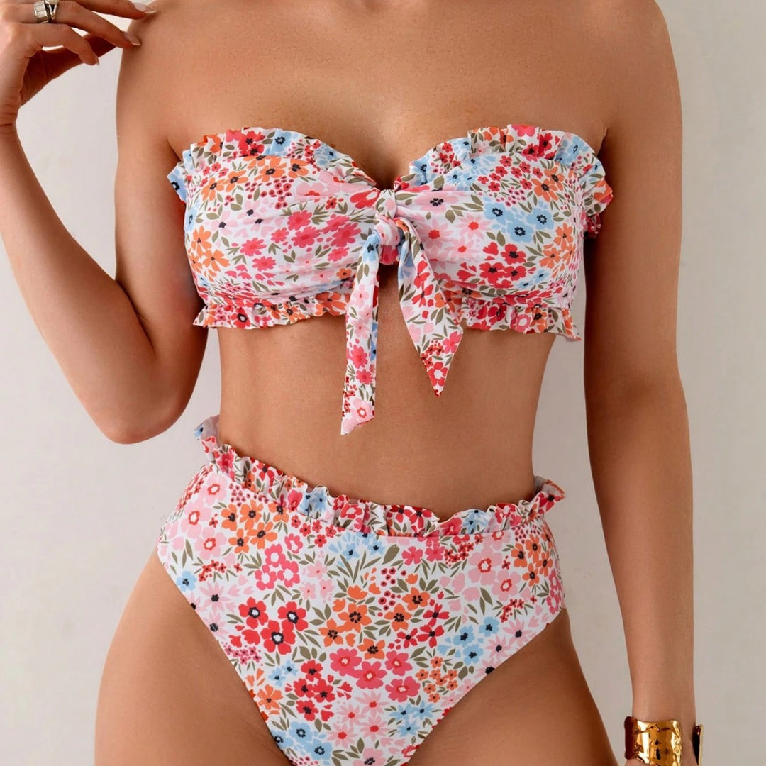 Dame Bandeau-bikini med legende rynker og blomster mønster Skovae