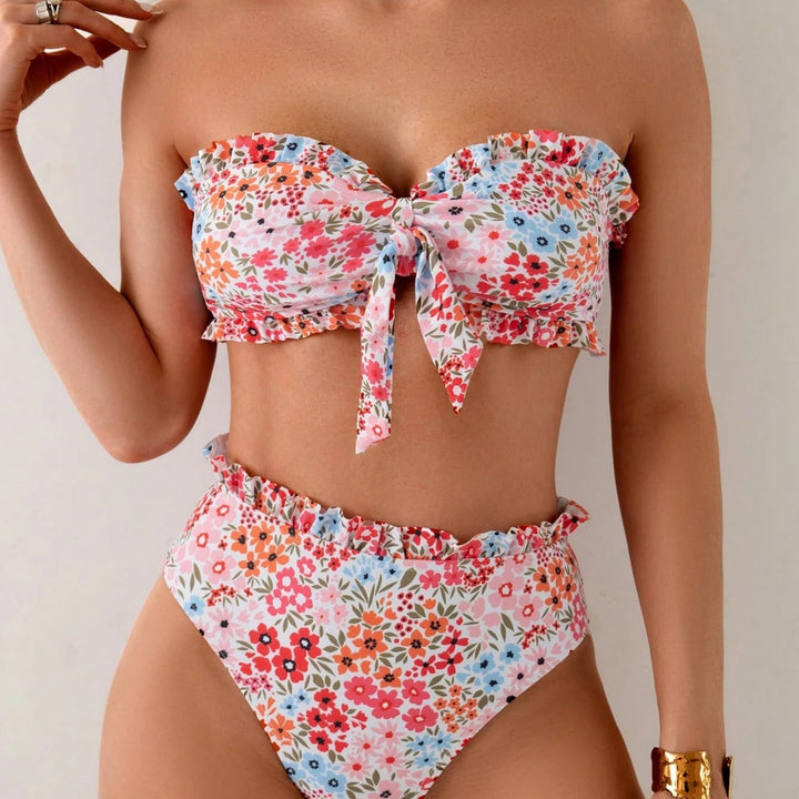 Dame Bandeau-bikini med legende rynker og blomster mønster Skovae