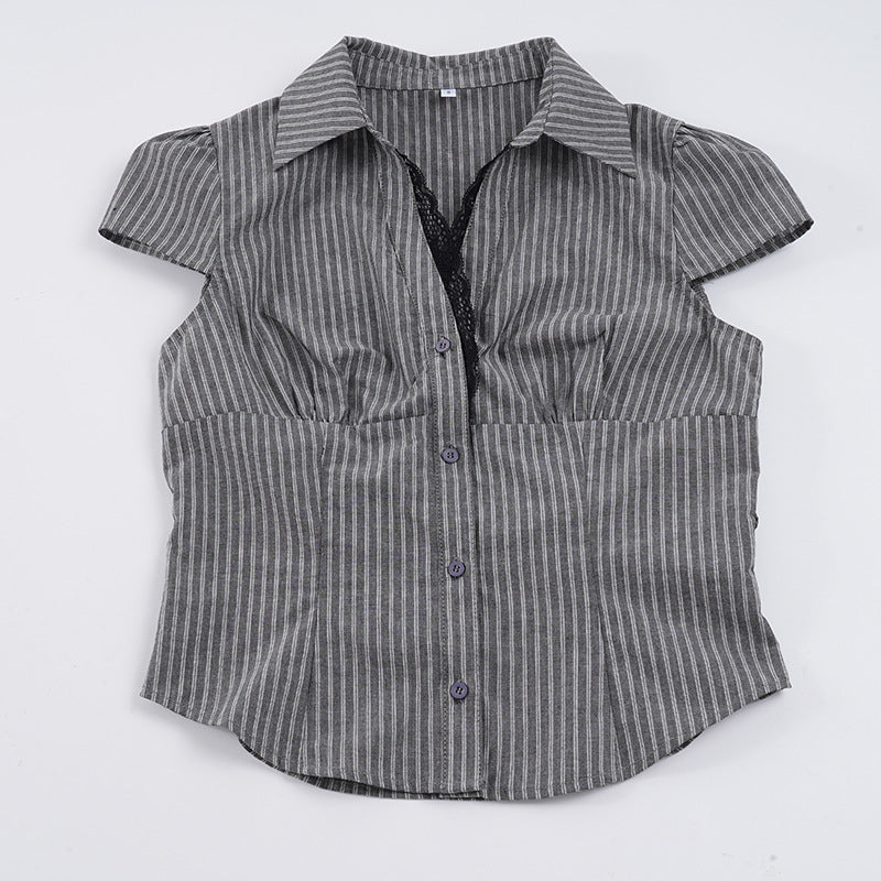 Damen elegantes Blusenshirt mit raffinierten Spitzenakzenten und modischem Streifenmuster Skovae