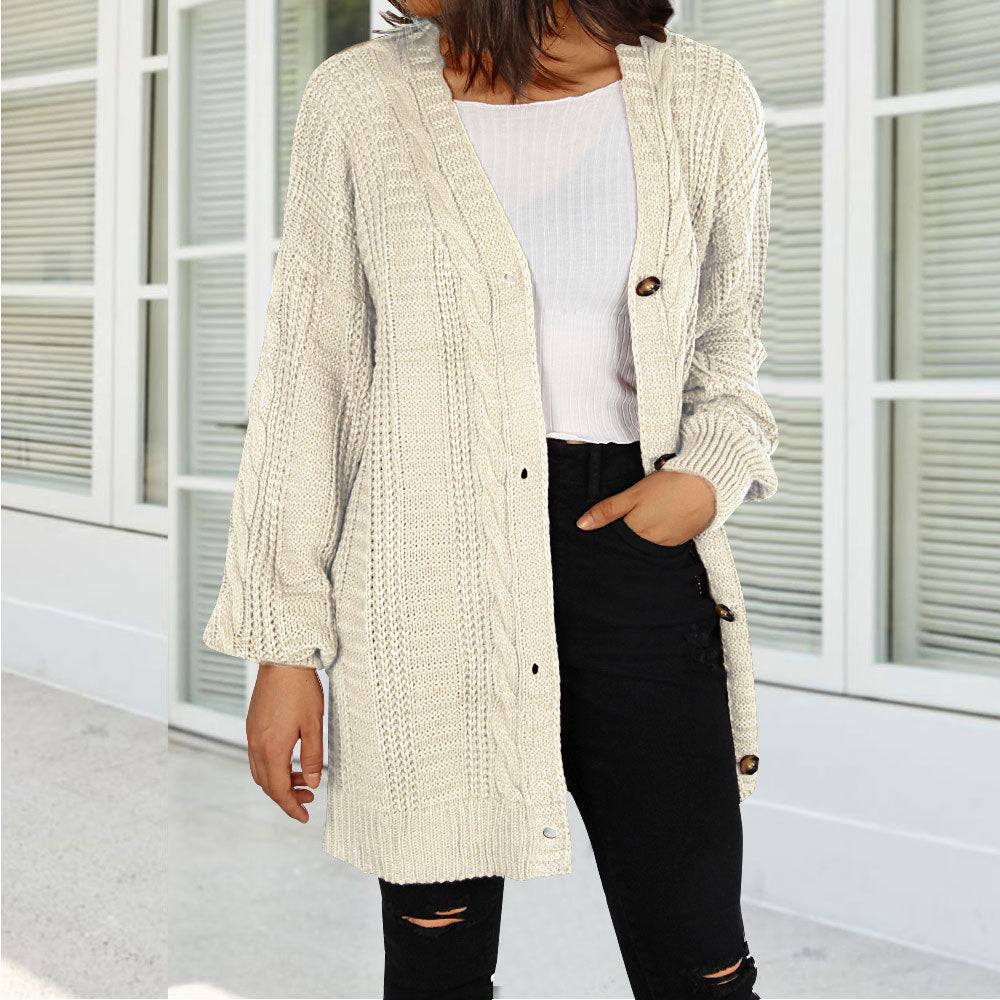 Dame chunky strik cardigan med elegant knaplukning og brede ærmer Stilla