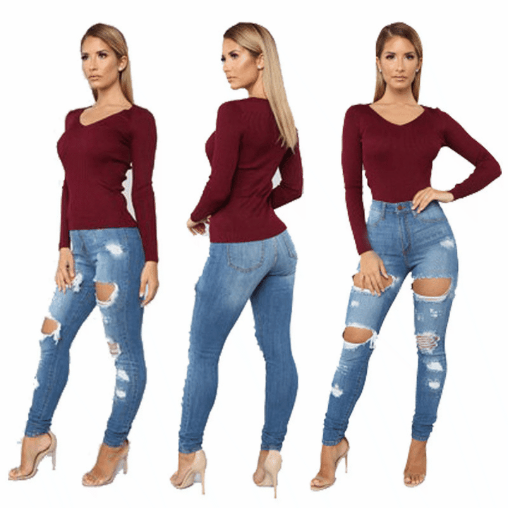 Dame højtaljede Ripped Skinny Jeans i trendy Used-Look Stilla