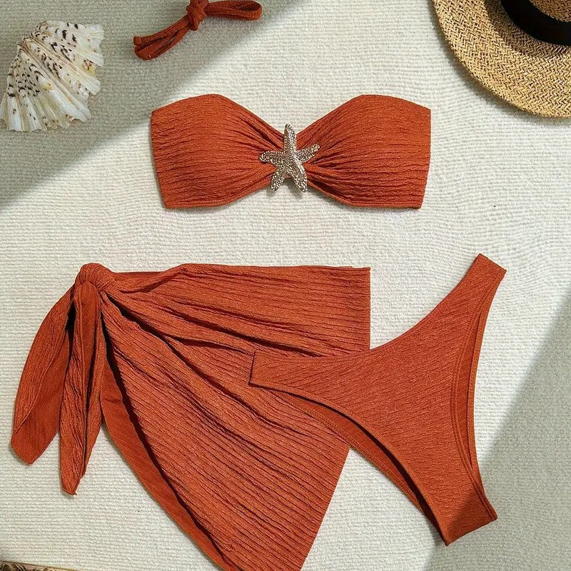 Dame Bandeau-bikini-sæt med fashionable indpakningsnederdel og glimmer-akkent Stilla