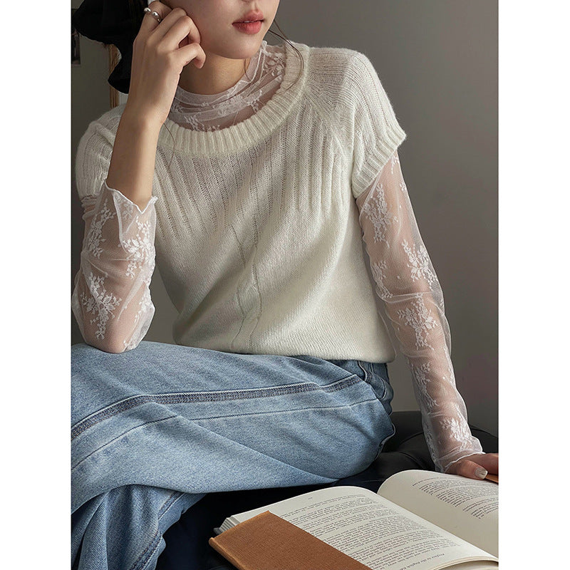 Dame elegant strikoverdel med transparente ærmer og detaljeret blomster spids Stilla