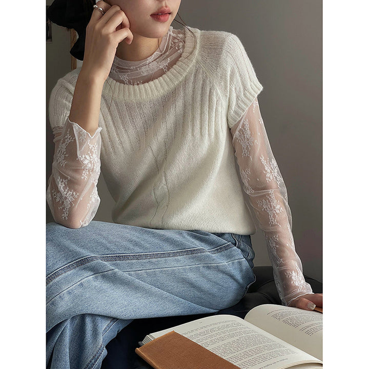 Dame elegant strikoverdel med transparente ærmer og detaljeret blomster spids Stilla