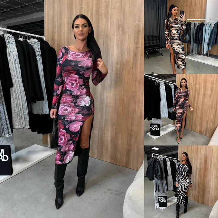 Dame Maxi-kjole med elegant slids og kunstnerisk mønster Stilla