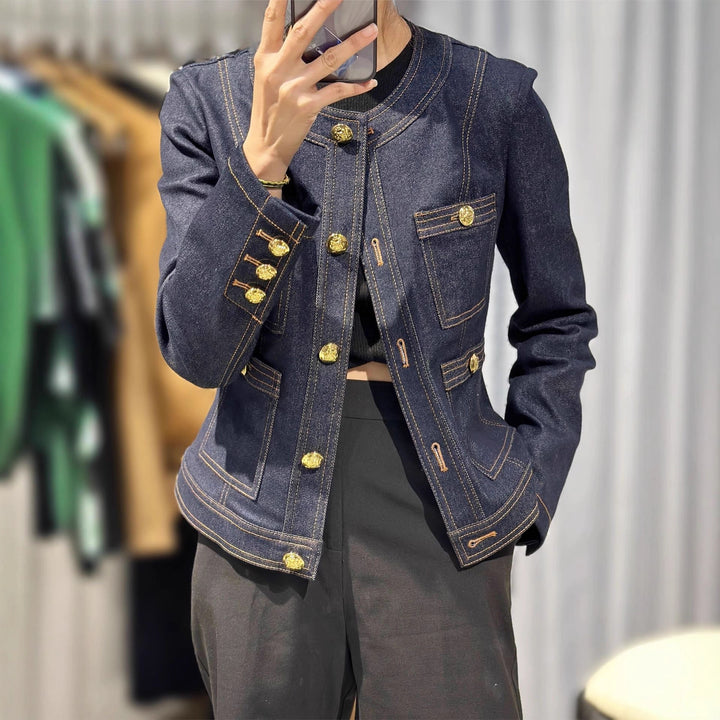 Dame Mode Denim Jakke med Gyldne Knapper Stilla