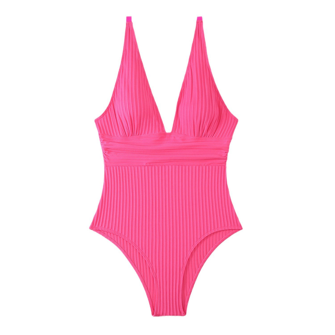 Dame onepiece badedragt med sporty ribbemønster og dyb V-udskæring Stilla
