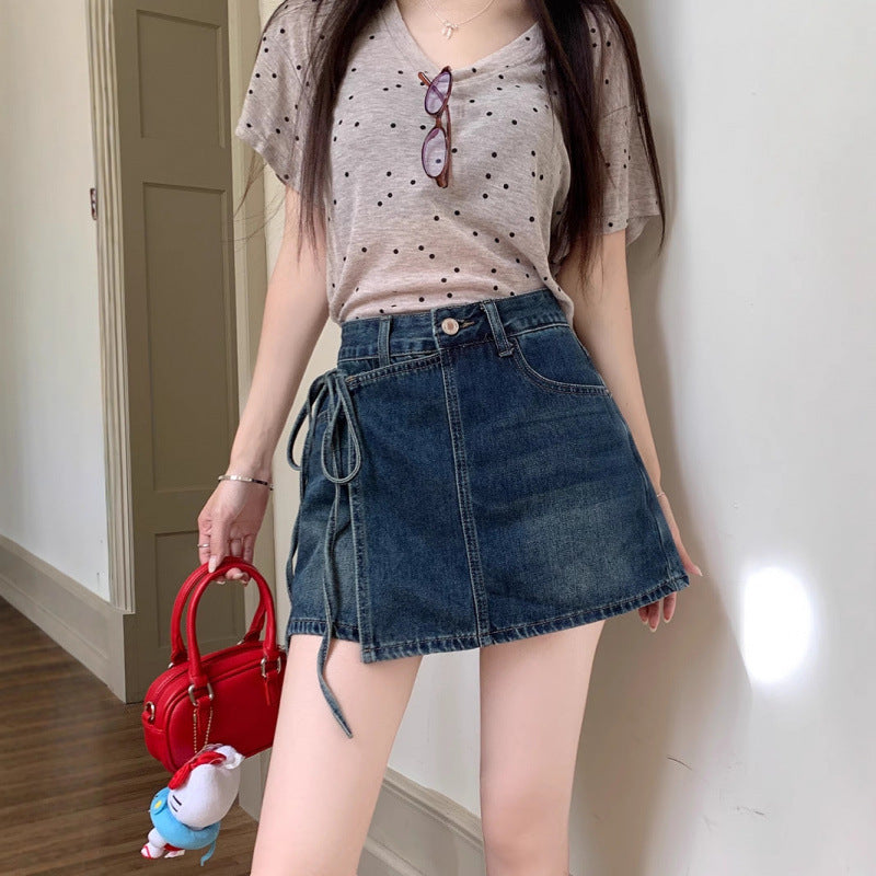 Dame High-Waisted Denim Miniskørt med justerbar sidelacing Stilla