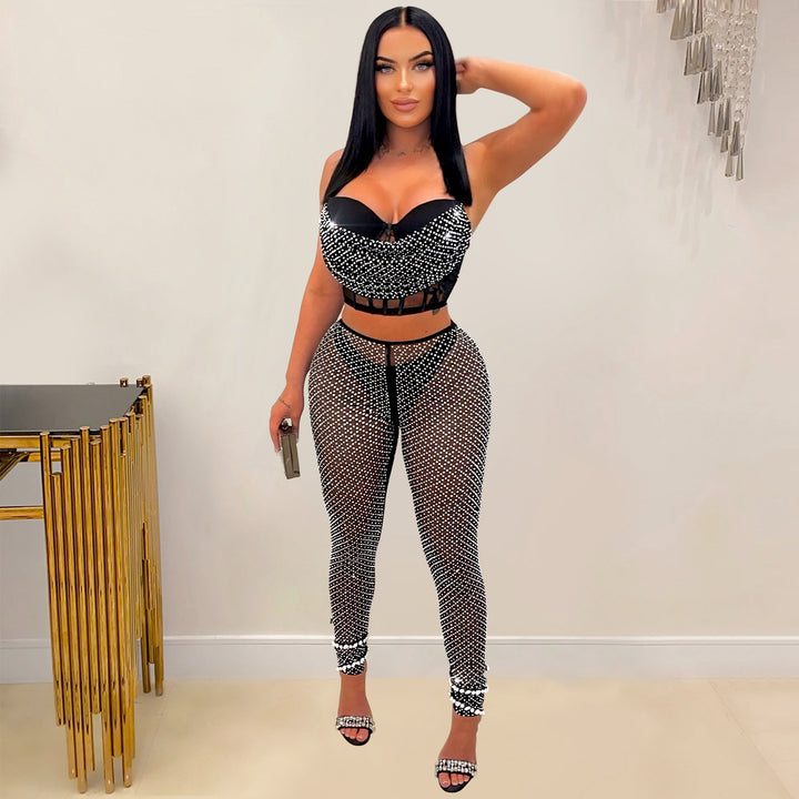 Dame Glitrende Crop-Top og Leggings Sæt med Rynker og Gennemsigtigt Design Stilla