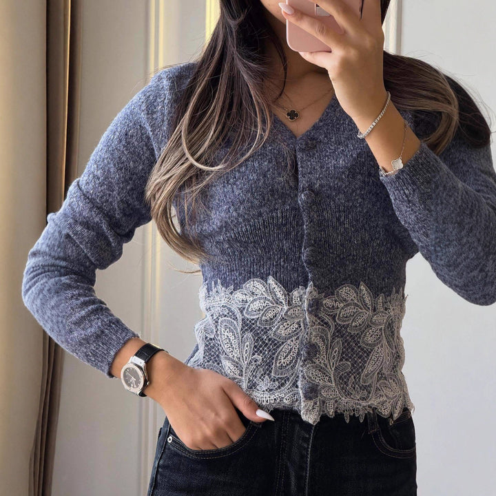 Damer cardigan med delikat blonder trim og elegante knapper Stilla