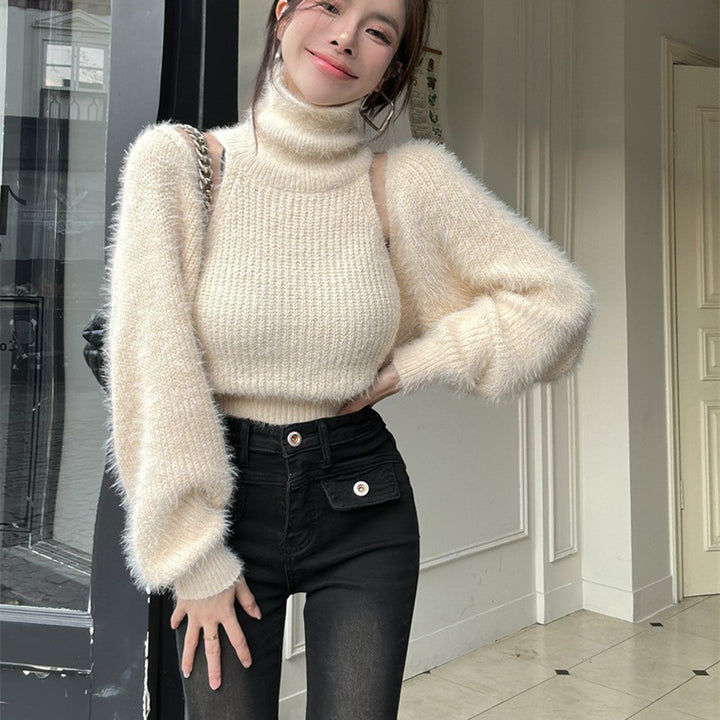 Femme Høj Krave Fuzzy Strikpullover med Klokkeærmer Stilla
