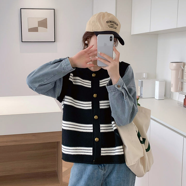 Damer Komfortabel Cardigan med Moderne Striber og Mode Knap Lukning Stilla