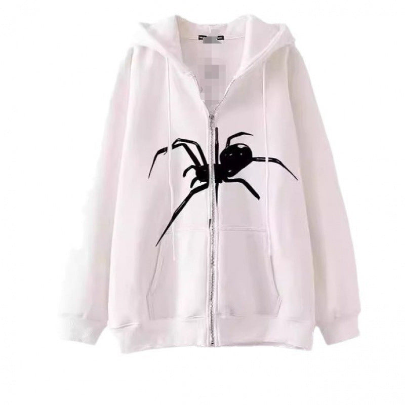 Kvinders hættetrøje med kreativt edderkoppemotiv og praktisk lynlås Skovae