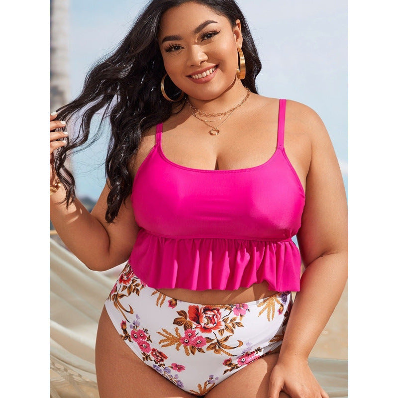 Dame bikini sæt med voluminøst ruffles design og floral high-waist slip Skovae