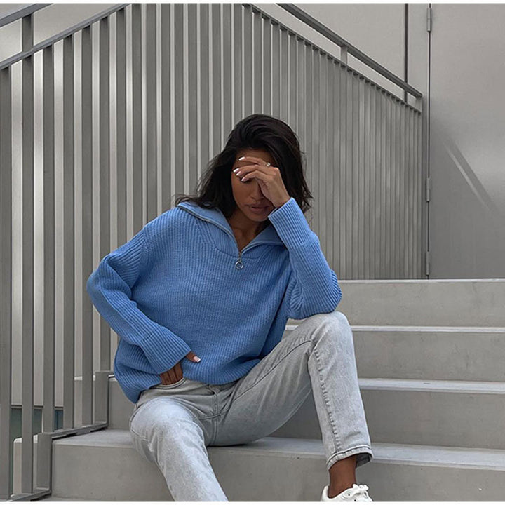 Kvindernes oversized strikket sweater med høj hals og lynlås Stilla