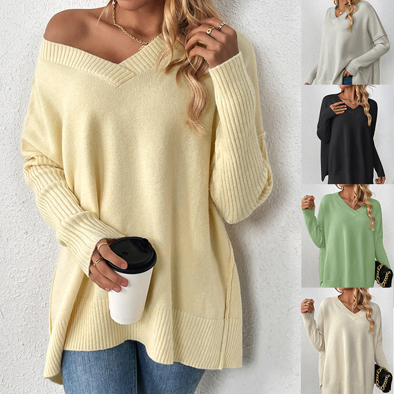 Dame afslappet sweater med dyb V-udskæring og struktureret ribdesign Stilla