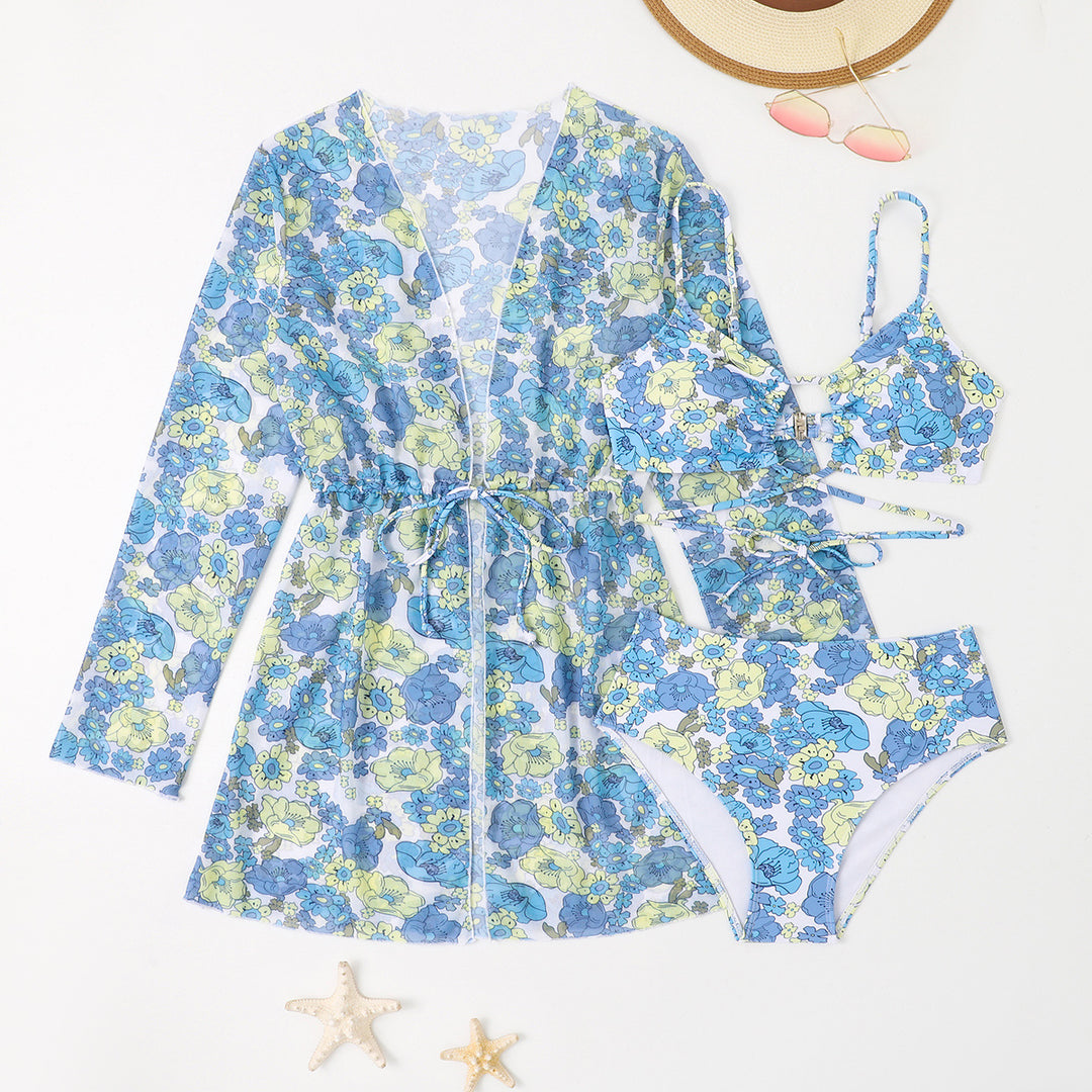 Dame Bikinisæt med gennemsigtig Kimono og blomstret design Stilla