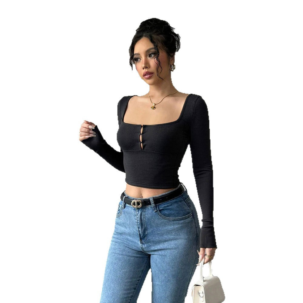 Kvinders langærmet cropped top med elegant knap-udsmykket front Stilla