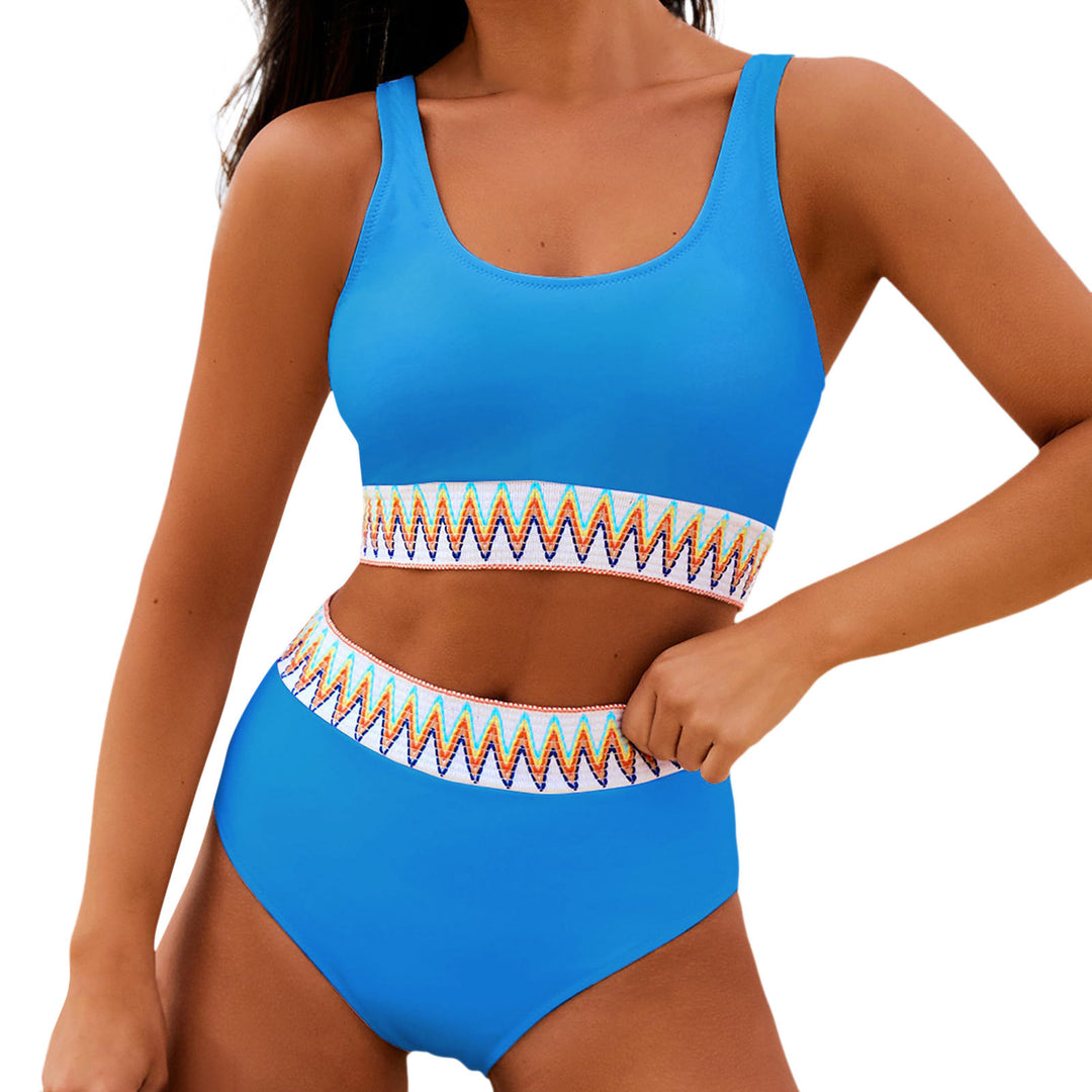 Dame højtaljet bikini-sæt med moderne stribet bånd Skovae