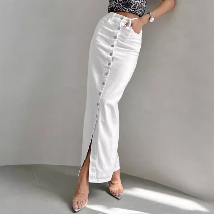 Dame lang denimnederdel med knapdetaljer og elegant deling Stilla