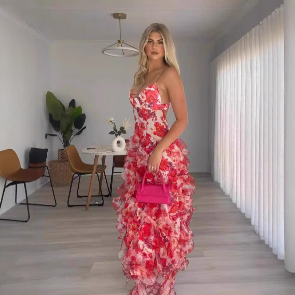 Damer sommer maxi kjole med blomsterprint Skovae
