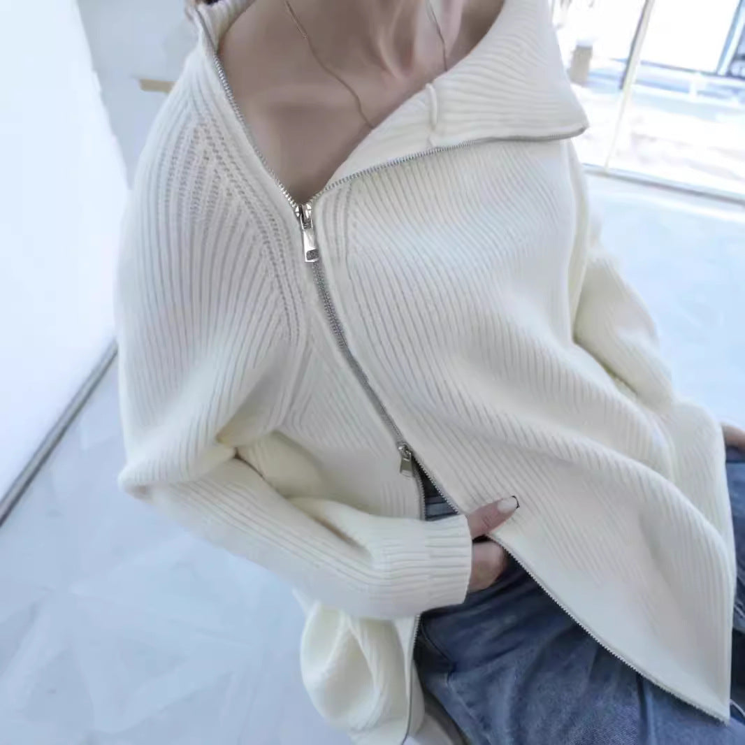 Dame afslappet strikpullover med asymmetrisk lynlås og stor krave Stilla