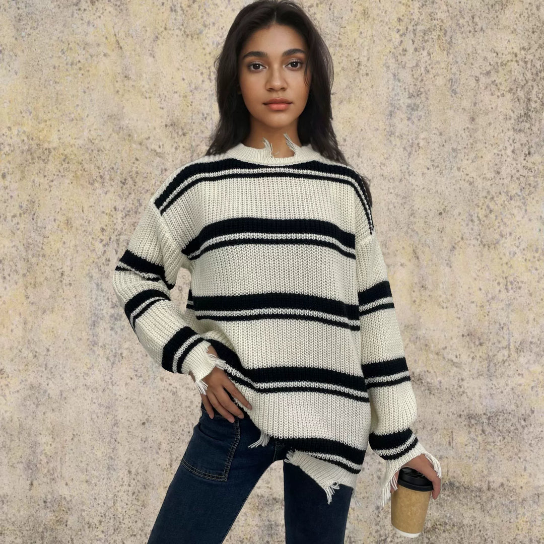 Stilla | Pullover Pullover Oversize Fit Strikket Uld Kontraststriber Frynser Kant