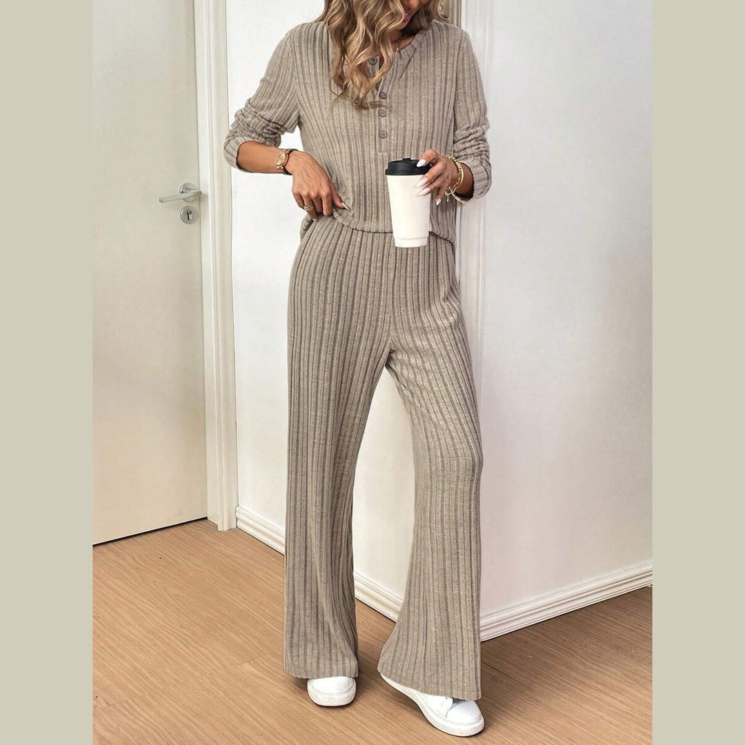 Dame afslappet strik-loungewear-sæt med knaplukning Stilla