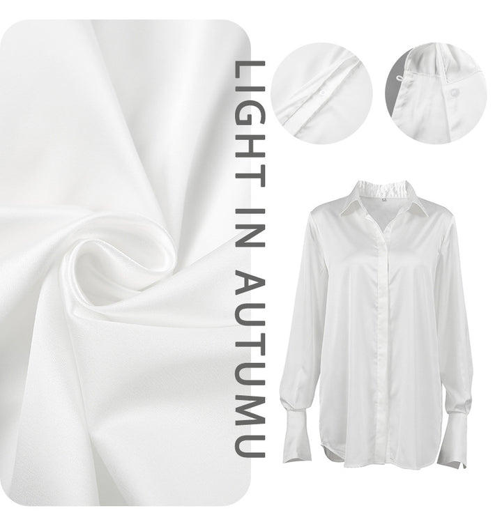Dame Elegant Satin-Skjortebluse med smalt snit og fine knapdetaljer Stilla