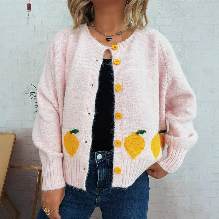 Kvinders hyggelige cardigan med citrussymbol og farverige knapper Stilla