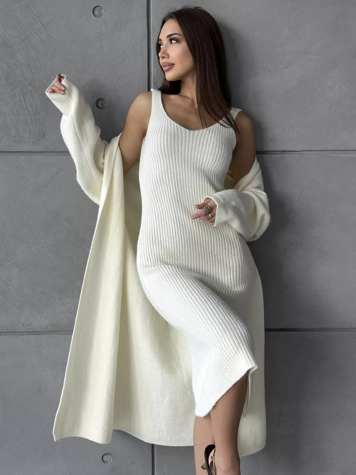 Dame ribstrik kjole med lang cardigan Stilla