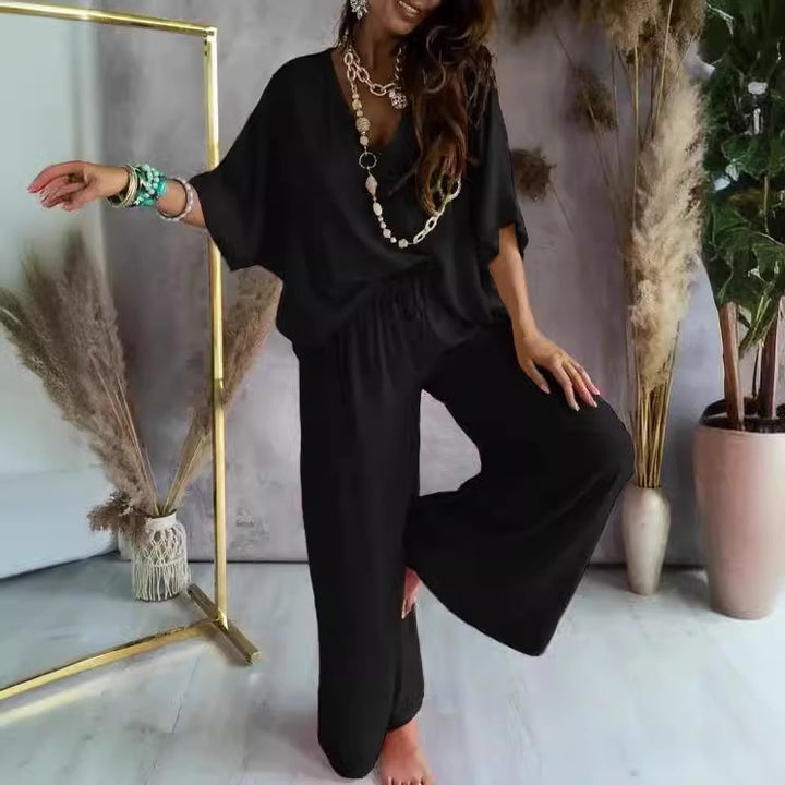 Dame afslappet loungewear-sæt med bredt top og komfortable bukser Stilla