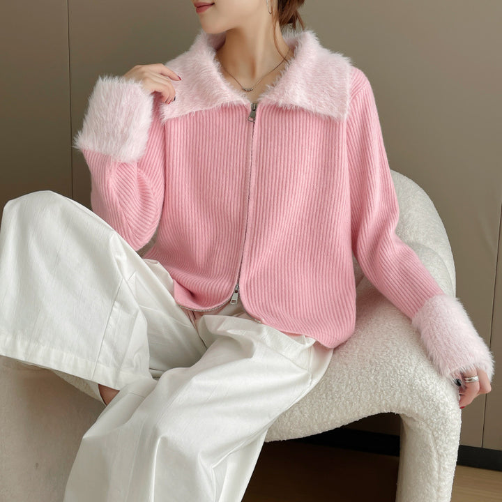Kvinders cardigan med luksuriøs faux fur krave og ribbet tekstur Stilla