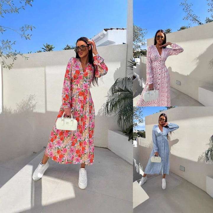 Dame maxikjole med floralt design og knaplukket overdel Stilla