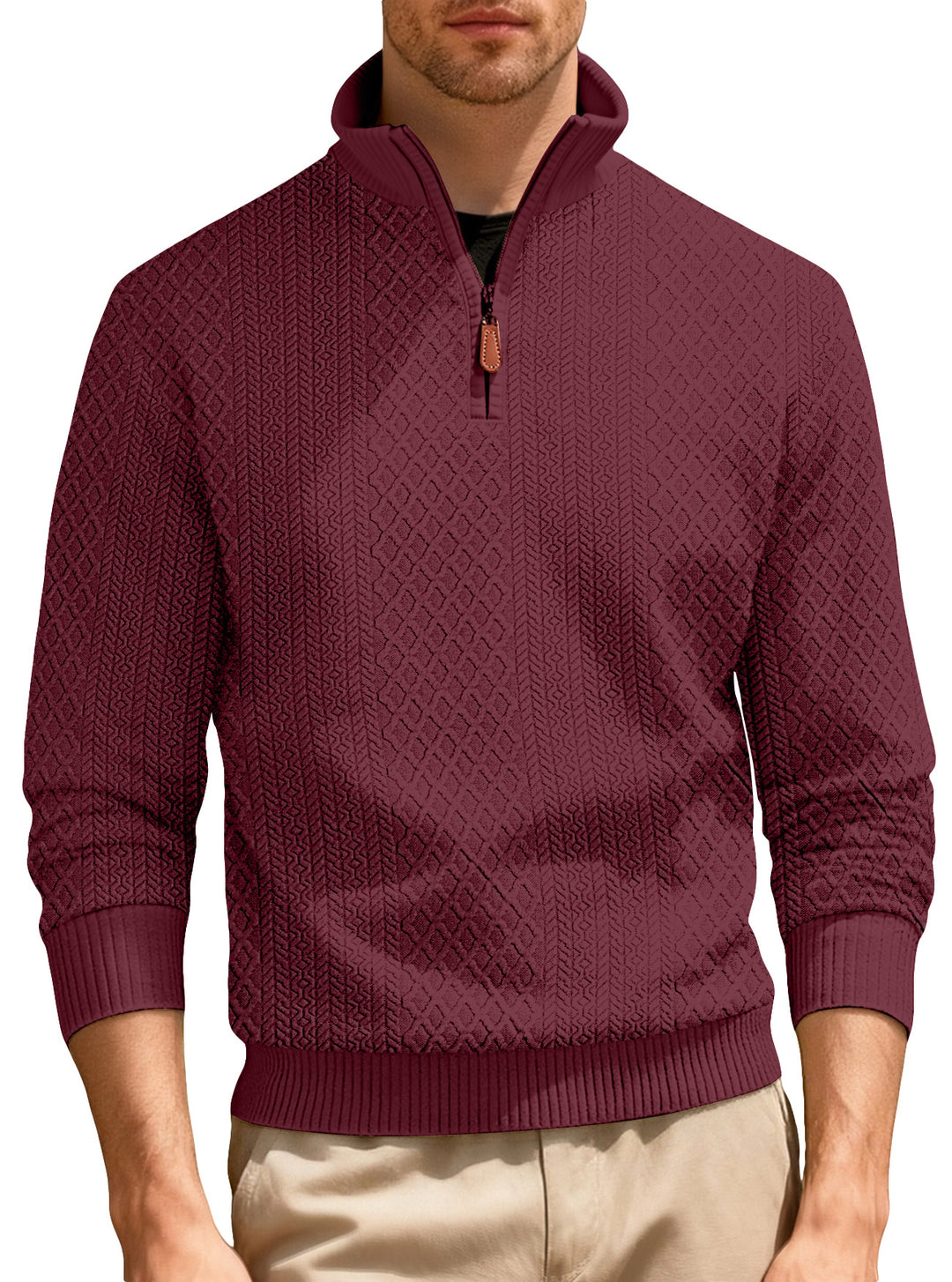 Herren nan finstruktureret halvzip-sweater i jacquard-relief med høj ståkrave og læder-zipper Skovae