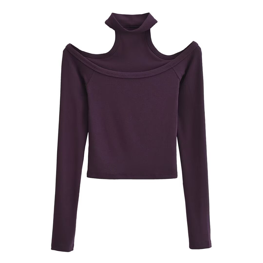 Dame Off-Shoulder Langærmet Top med stilfuld Ståkrave og attraktiv Pasform Stilla