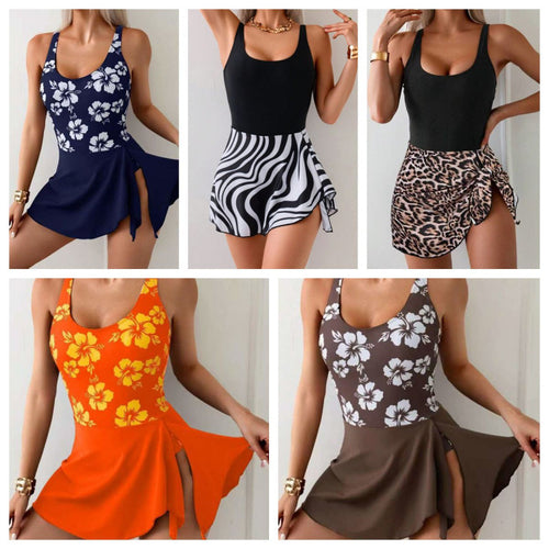 Dame one-piece badedragt med fashionabel overkirt og trendy stribedesign Skovae