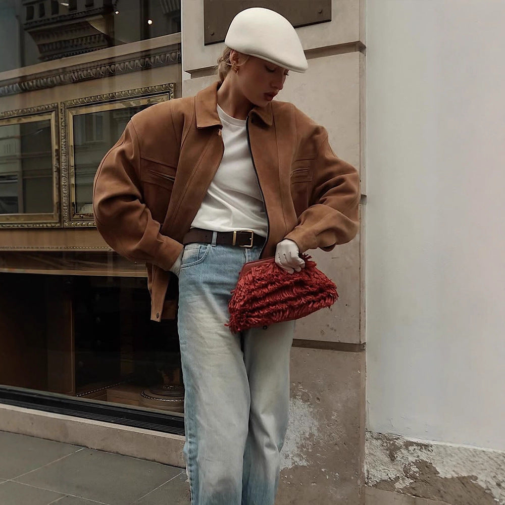 Dame Oversized Suede Jakke med store lommer og afslappet snit Stilla