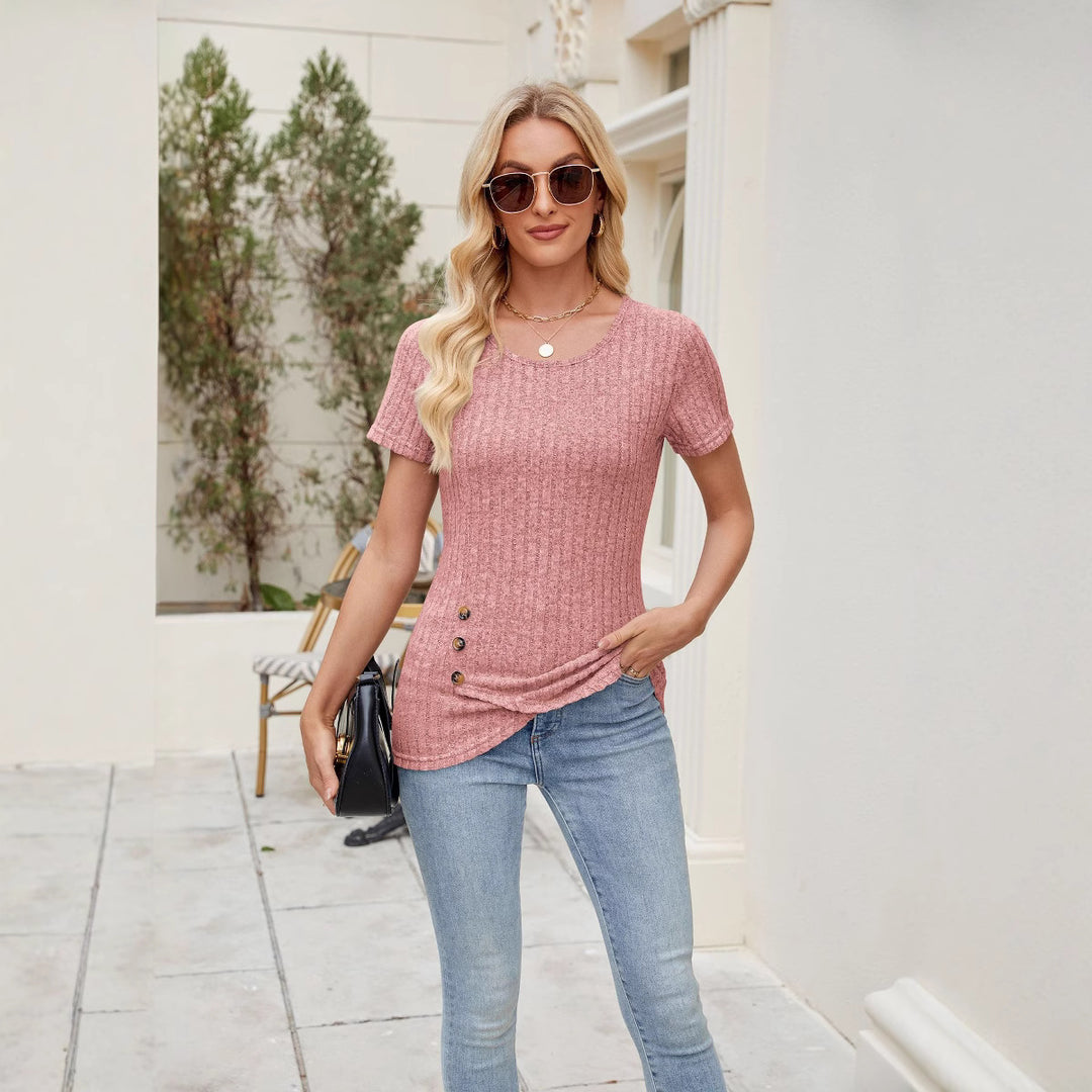 Dame struktureret T-shirt med dekorative knapdetaljer Stilla