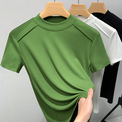 Dame kortærmet T-shirt med høj ståkrave og fin ribstruktur Stilla