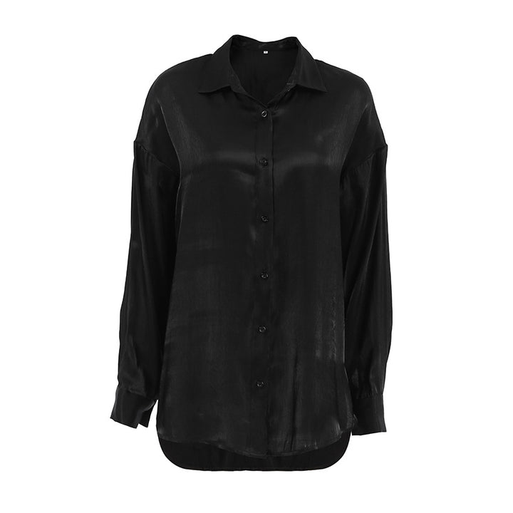 Dame elegant bluse i let, skinnende stof med klassisk krave og lange ærmer Stilla