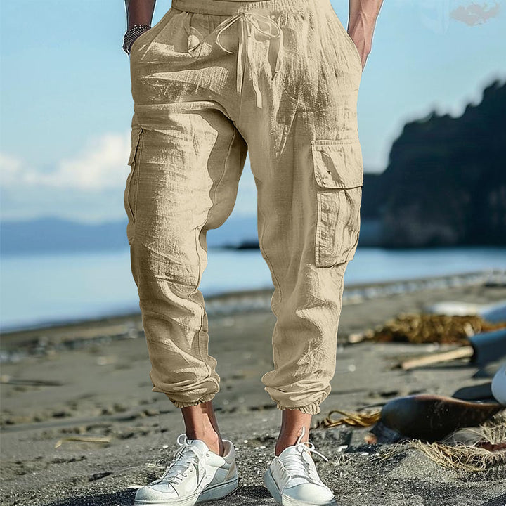 Herren nan afslappede linned cargo joggers med snoretræk, store klaplommer og elastisk ankelafslutning Skovae